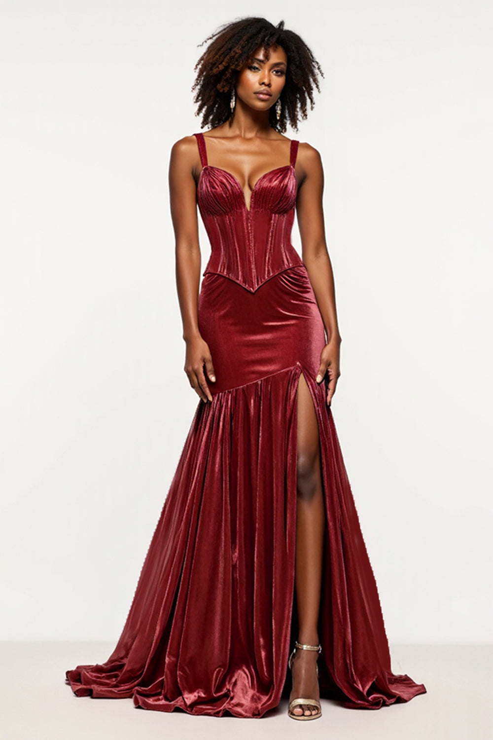 Vestido de fiesta de terciopelo con corsé con cuello en V con cuello en V burdeos