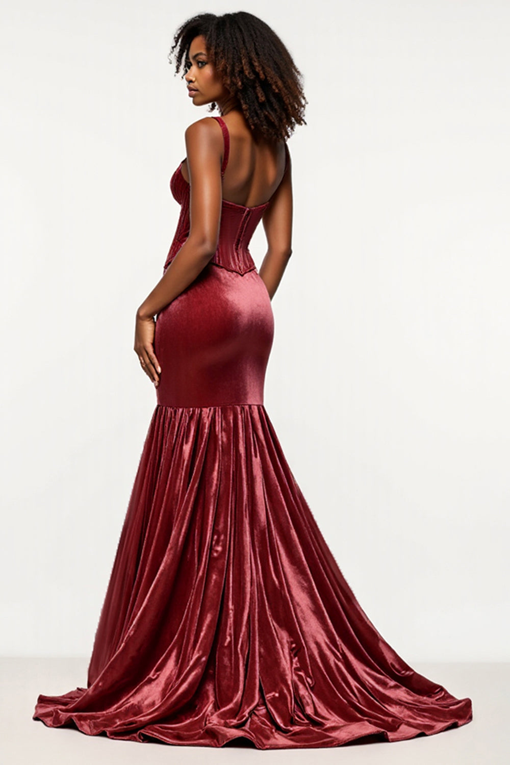 Vestido de fiesta de terciopelo con corsé con cuello en V con cuello en V burdeos