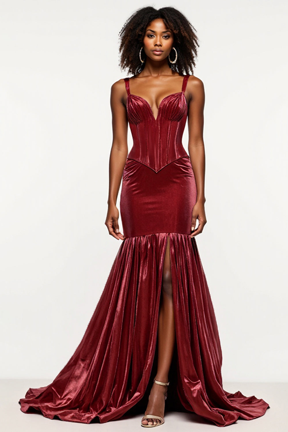 Vestido de fiesta de terciopelo con corsé con cuello en V con cuello en V burdeos