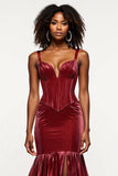 Vestido de fiesta de terciopelo con corsé con cuello en V con cuello en V burdeos