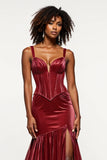 Vestido de fiesta de terciopelo con corsé con cuello en V con cuello en V burdeos