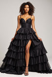 Vestido de fiesta de satén plisado con tirantes finos de línea A negro