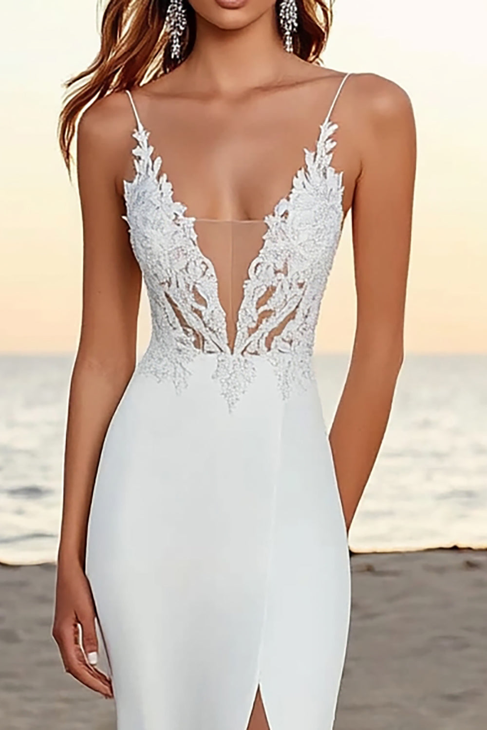 Vestido de novia largo de encaje con tirantes de espagueti de sirena