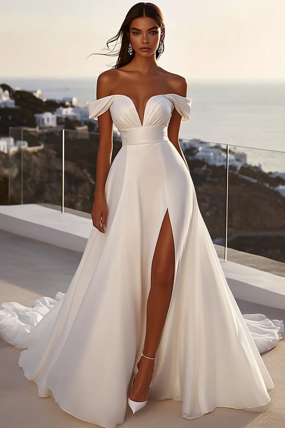 lvory A Line Off The Shoulder Vestido de Novia Largo con Abertura