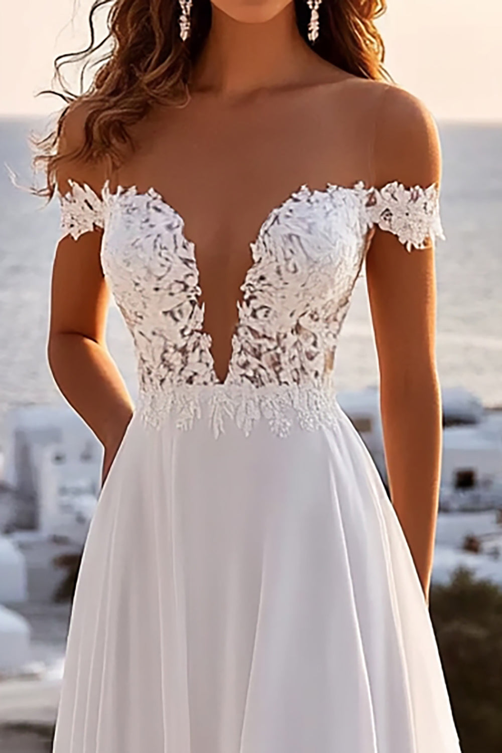 A Line lvory Off The Shoulder Vestido de novia largo plisado