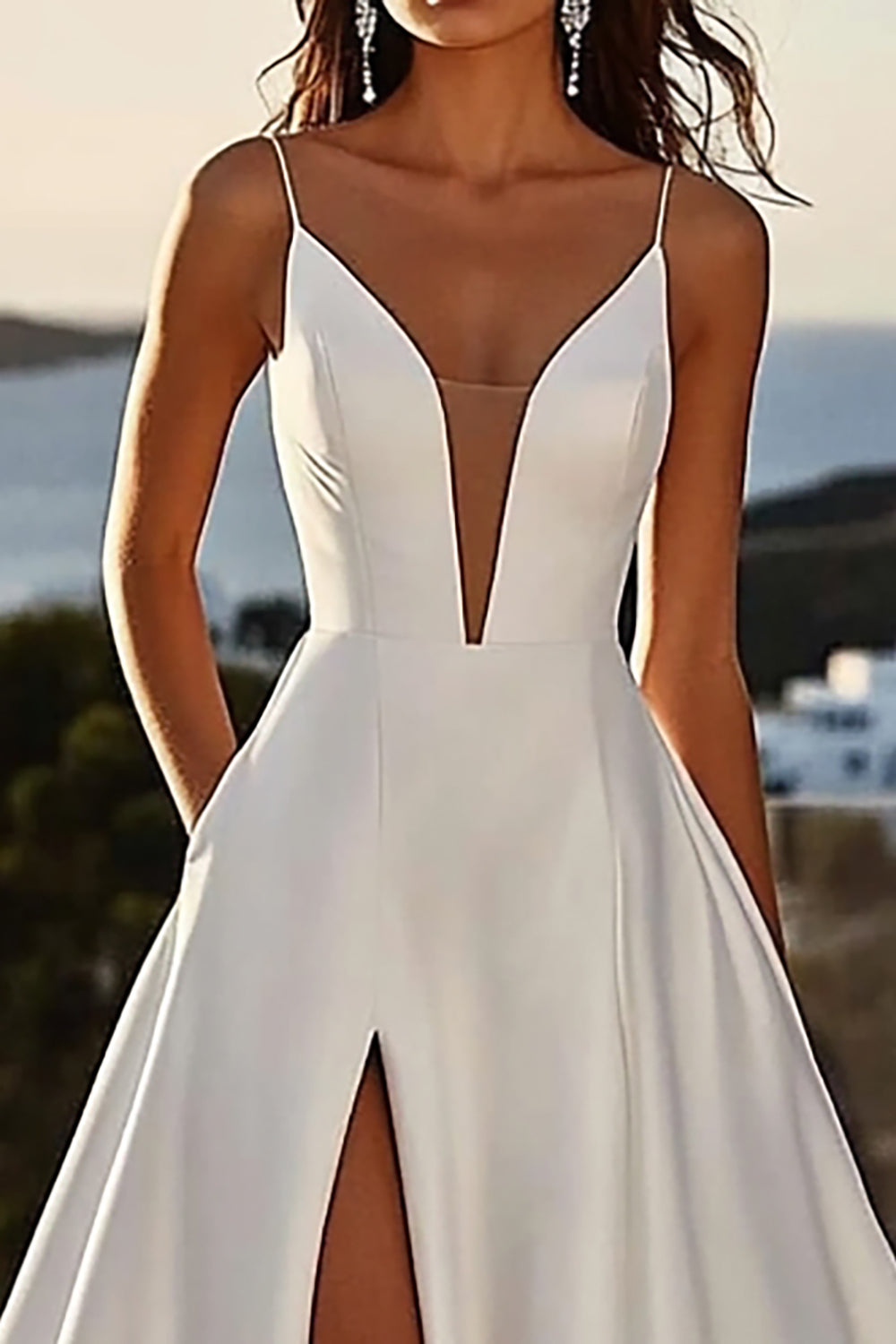 A Line Spaghetti Straps lvory Vestido de Novia Largo con Abertura