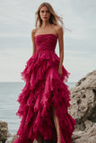 Fucsia Ruffle A Line Vestido Formal Largo Sin Tirantes con Abertura