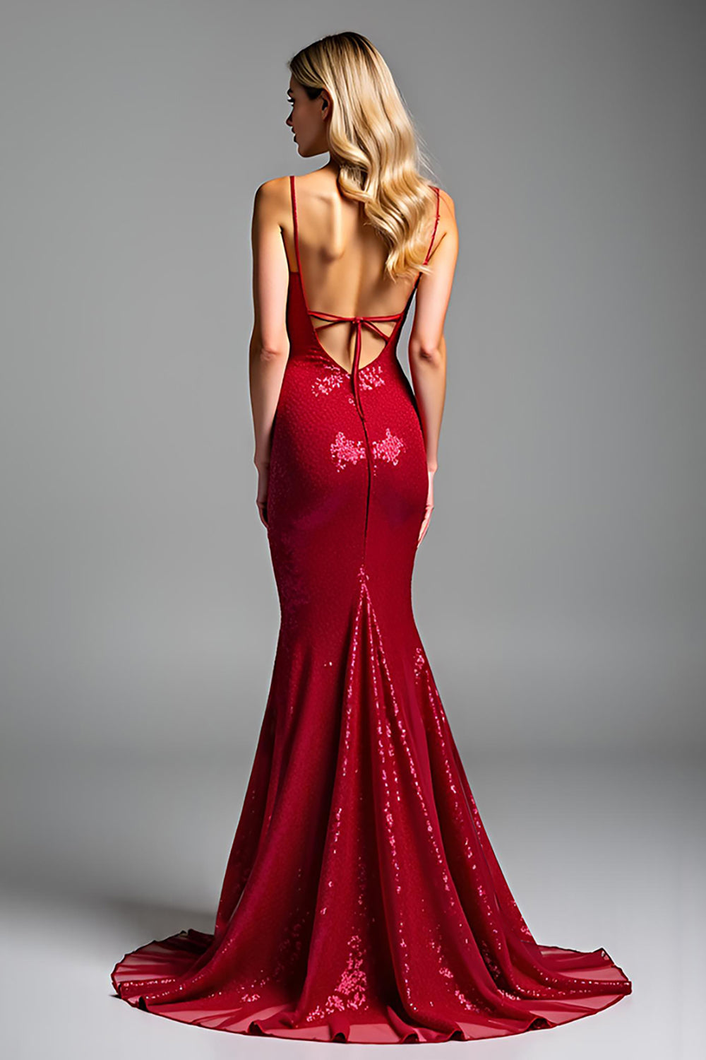 Sirena roja brillante Tirantes de espagueti lentejuelas Vestido de fiesta largo
