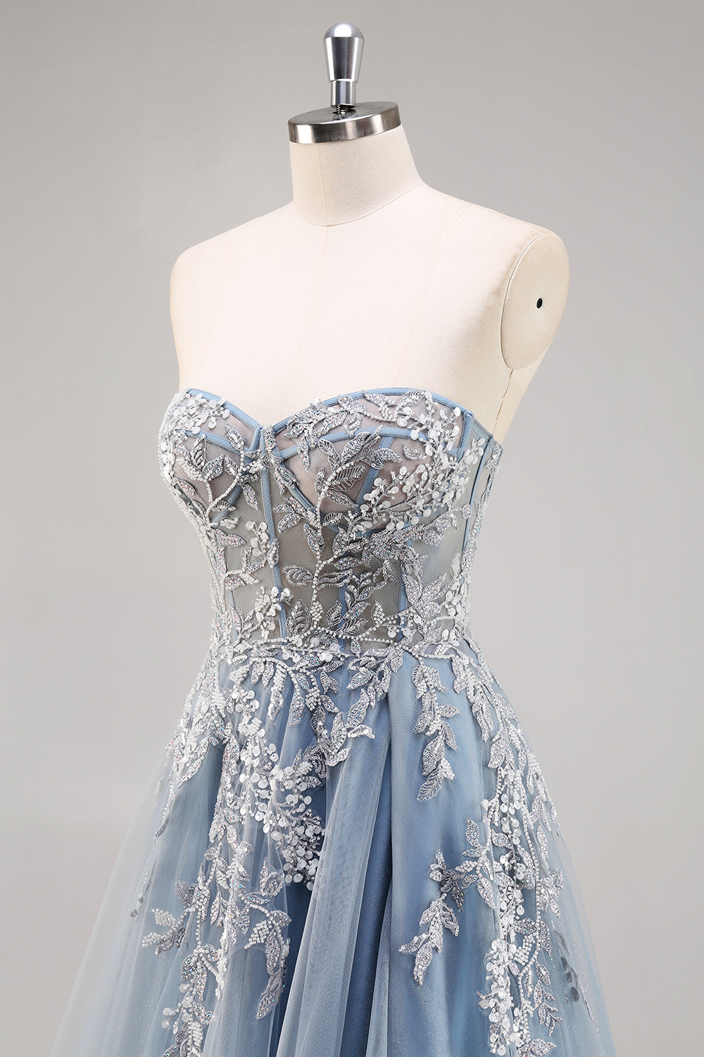 Vestido de noche largo azul polvoriento con mangas desmontables y corsé con cuentas