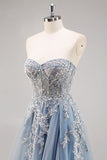 Vestido de noche largo azul polvoriento con mangas desmontables y corsé con cuentas