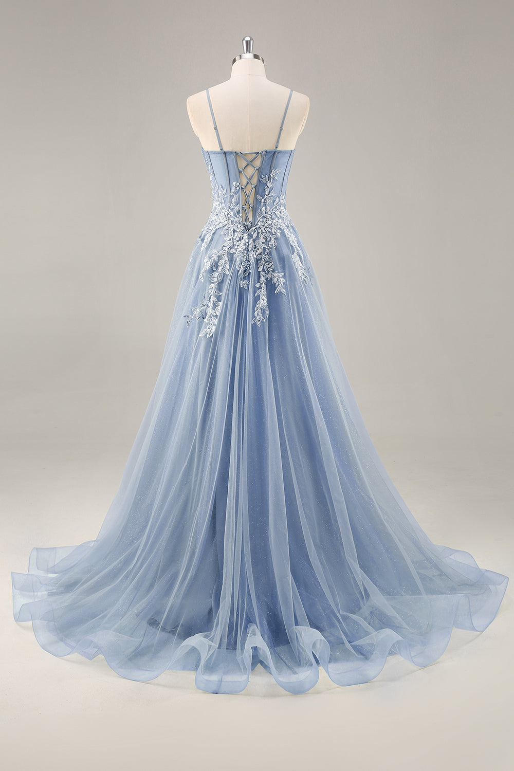 Vestido de noche largo azul polvoriento con mangas desmontables y corsé con cuentas