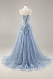 Vestido de noche largo azul polvoriento con mangas desmontables y corsé con cuentas