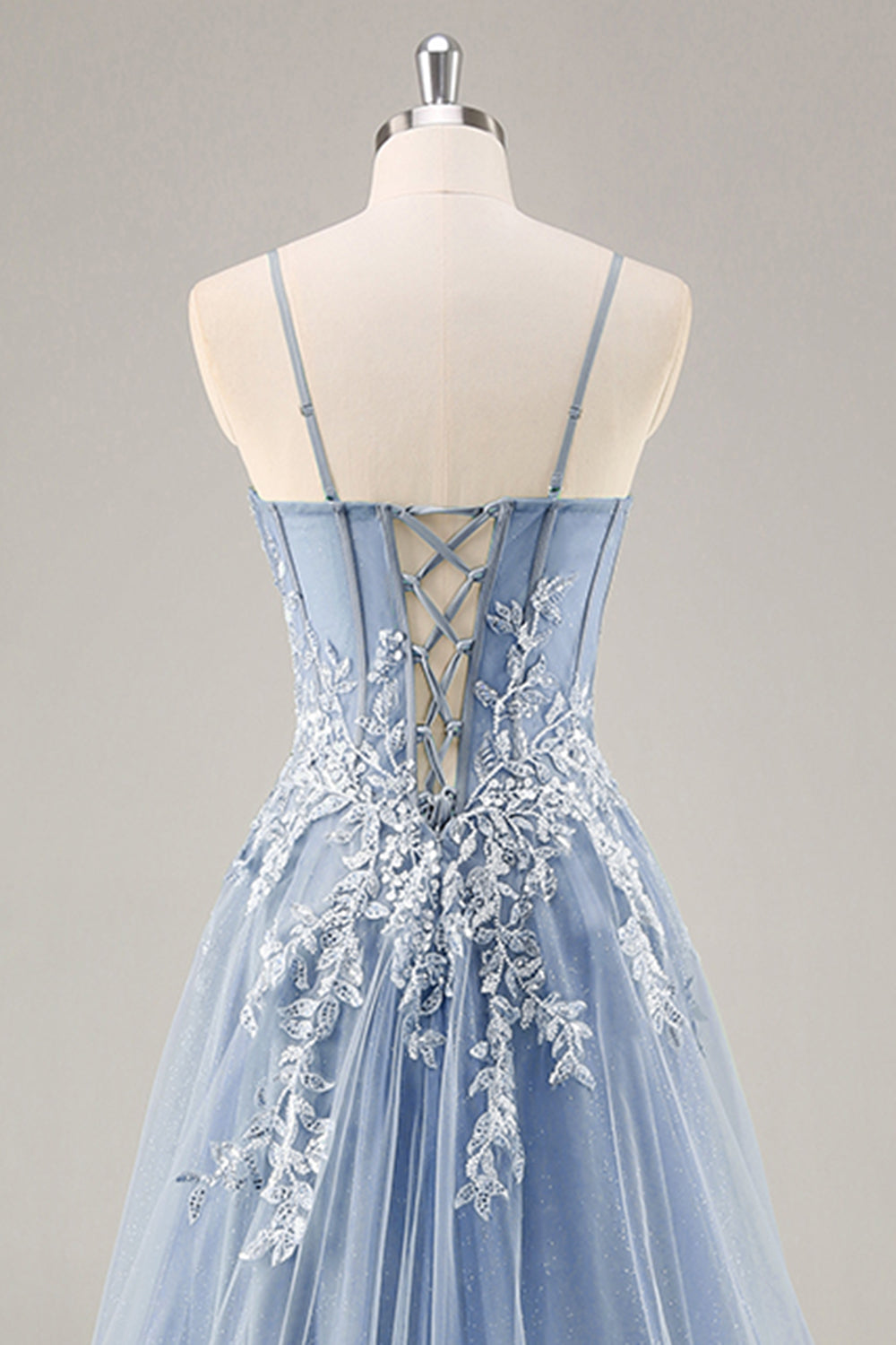 Vestido de noche largo azul polvoriento con mangas desmontables y corsé con cuentas