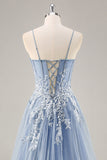 Vestido de noche largo azul polvoriento con mangas desmontables y corsé con cuentas