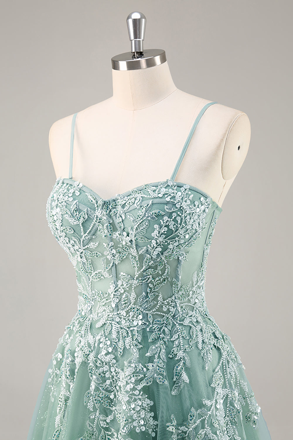 Vestido de noche largo azul polvoriento con mangas desmontables y corsé con cuentas