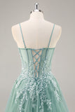 Vestido de noche largo azul polvoriento con mangas desmontables y corsé con cuentas