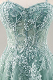 Vestido de noche largo azul polvoriento con mangas desmontables y corsé con cuentas