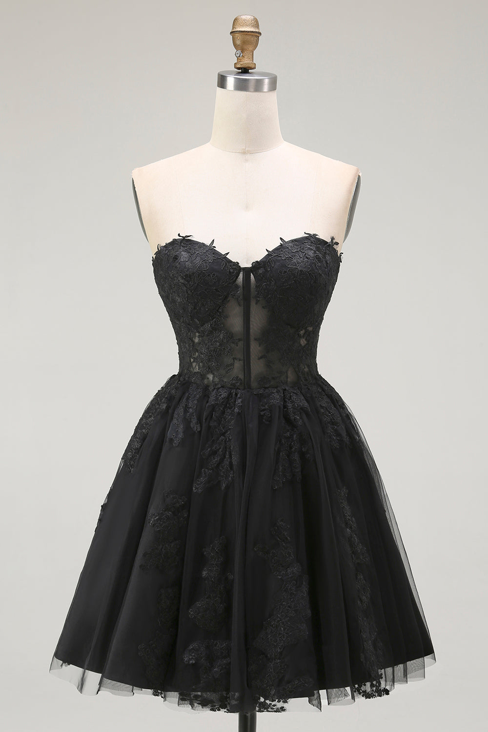 Vestido de cóctel corto con corsé transparente aplicado en forma de corazón negro