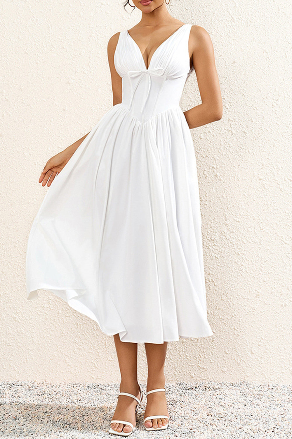 Vestido midi de verano blanco sencillo de una línea con lazo