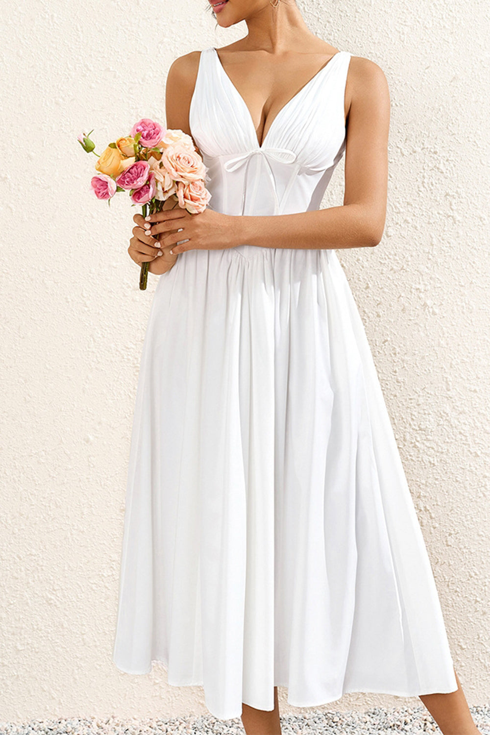 Vestido midi de verano blanco sencillo de una línea con lazo