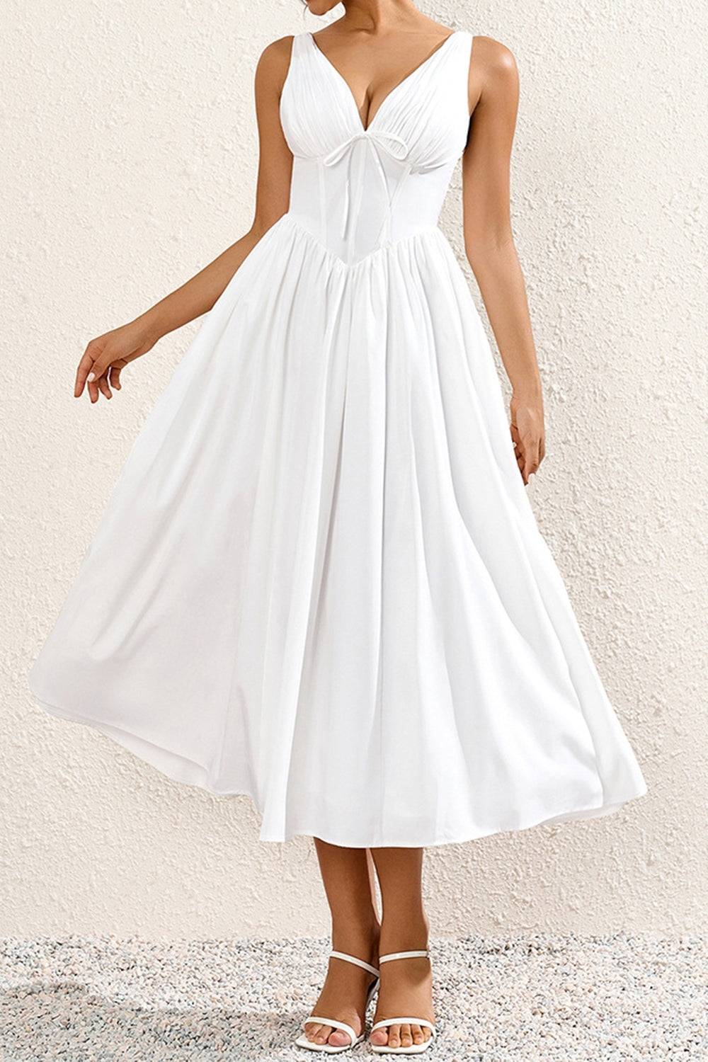 Vestido midi de verano blanco sencillo de una línea con lazo