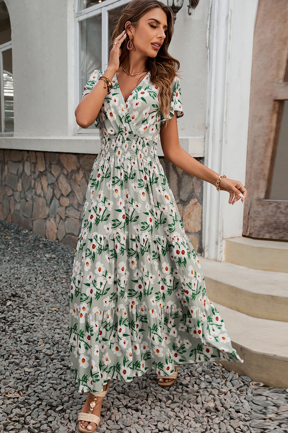 Vestido de verano A Line Floral Verde
