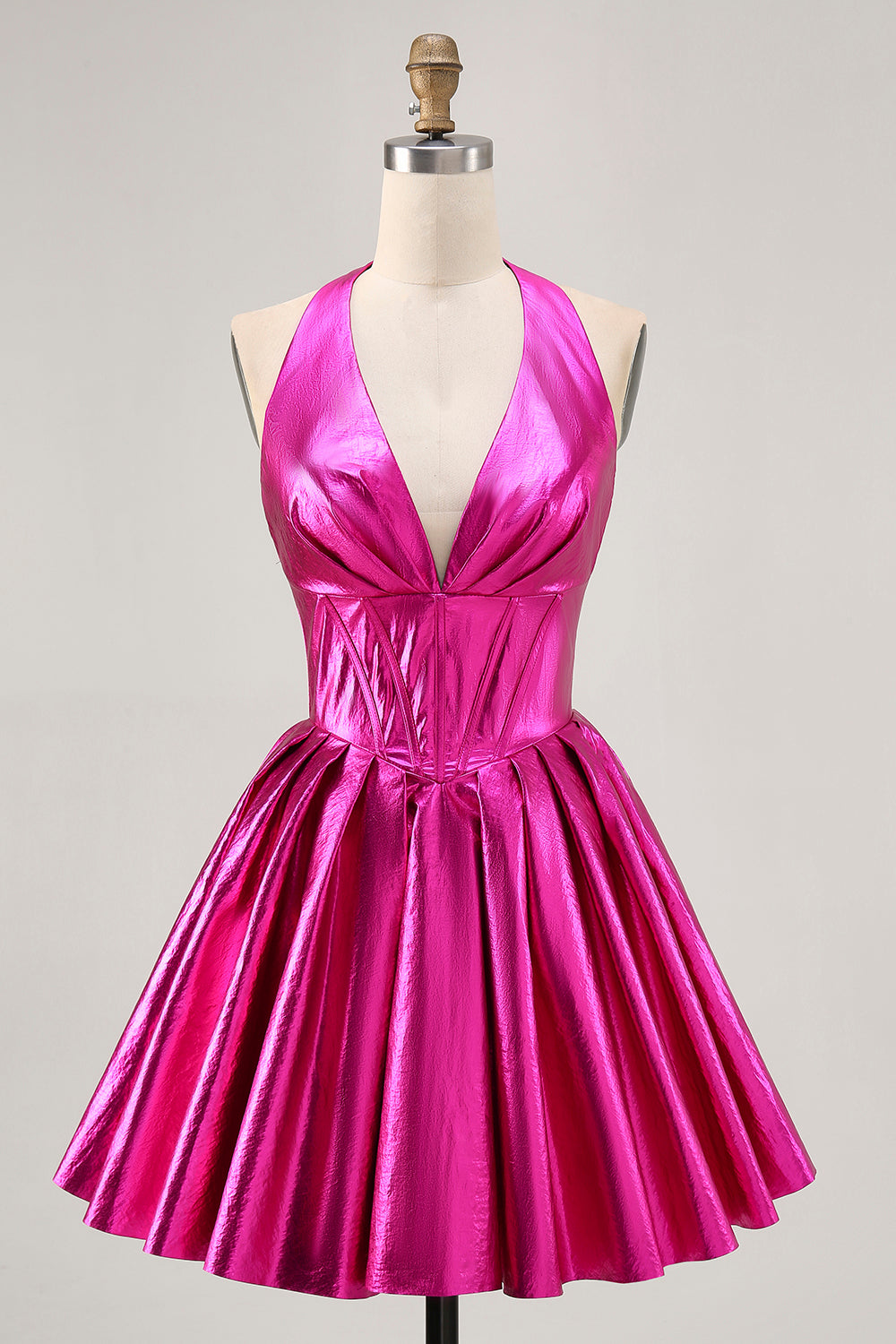 Vestido de regreso a casa plisado halter fucsia metalizado