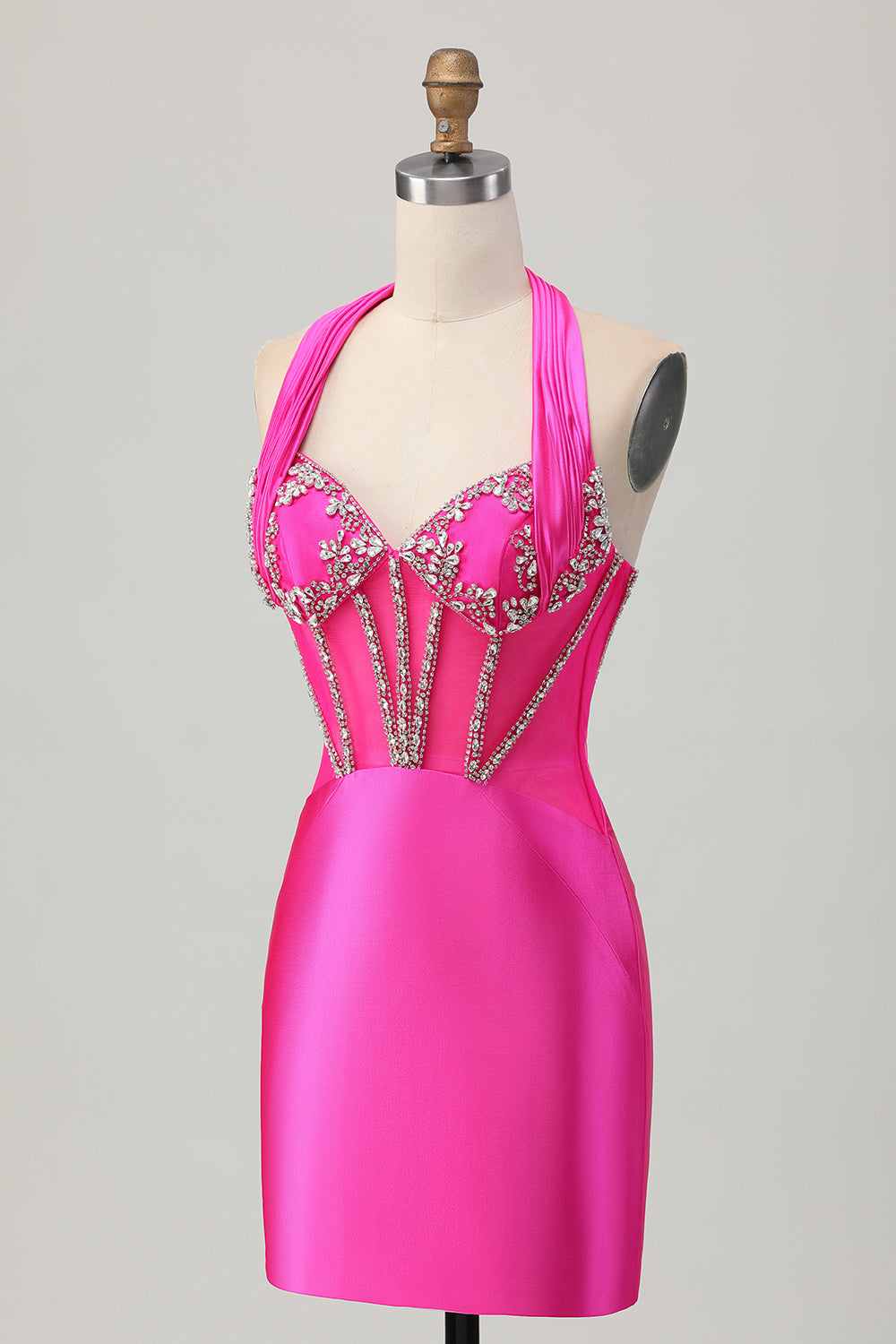Vestido de regreso a casa de satén sin espalda halter fucsia con pedrería