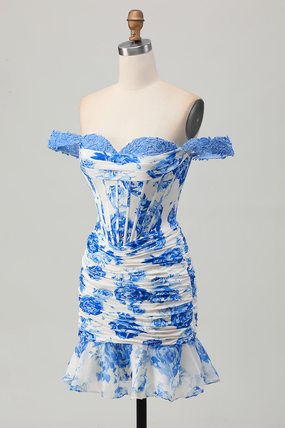 Vestido corto de regreso a casa con corsé de flores blancas y hombros descubiertos con volantes