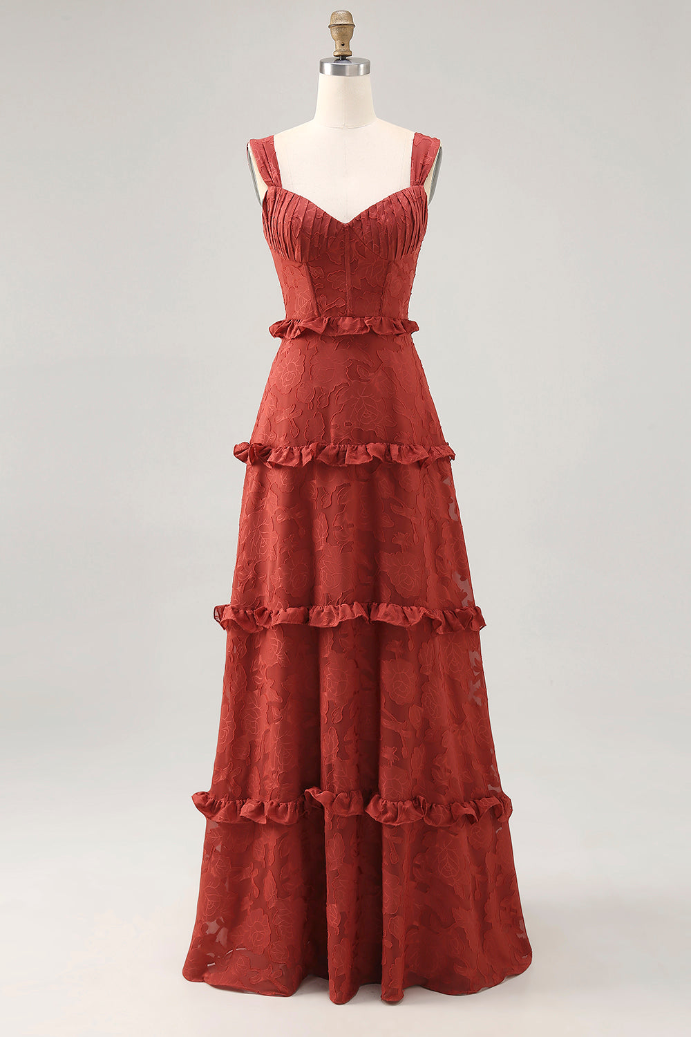 Vestido largo de invitada de boda con volantes en terracota floral