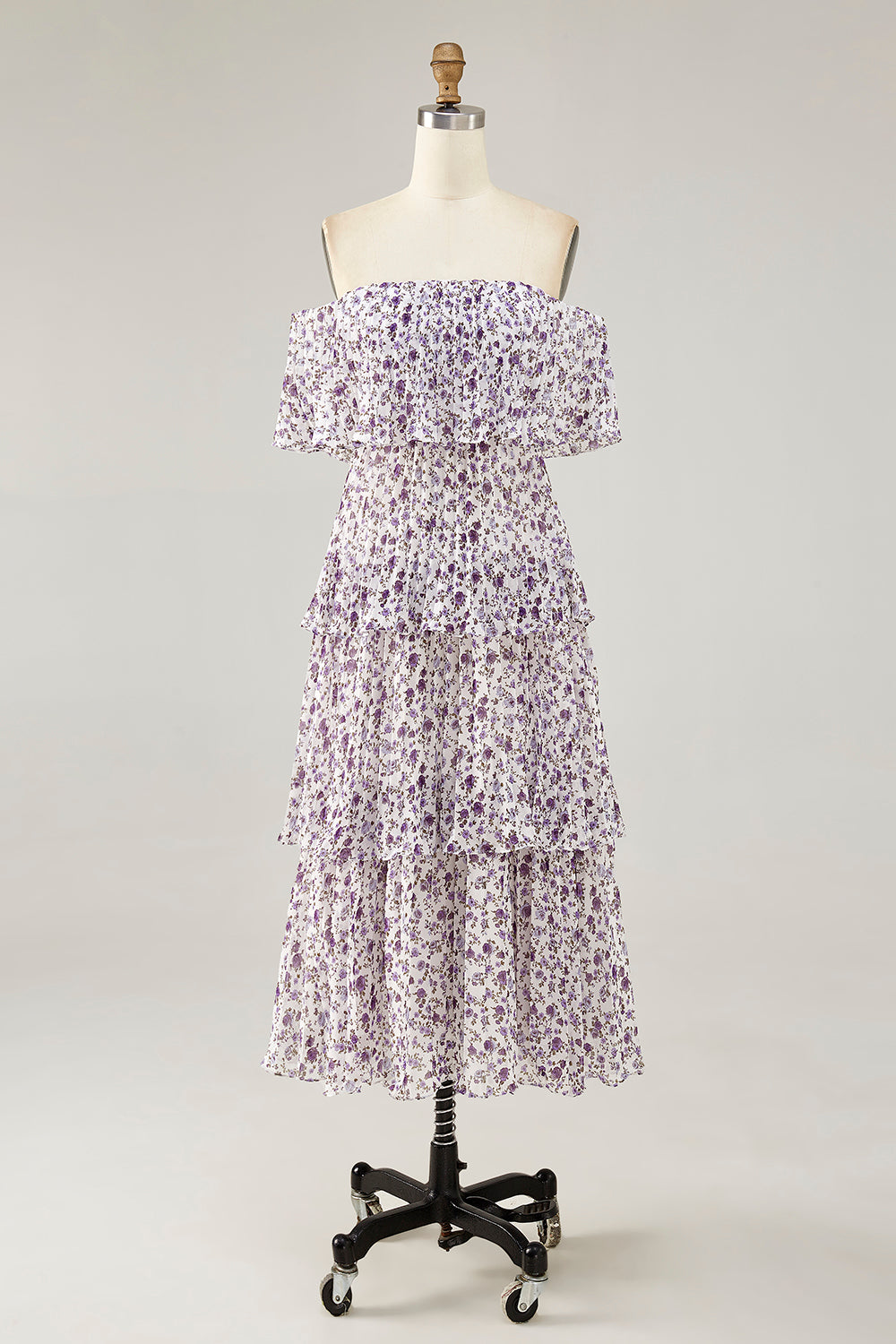 Off The Shoulder Purple Flower Printed A Line Wedding Guest Dress