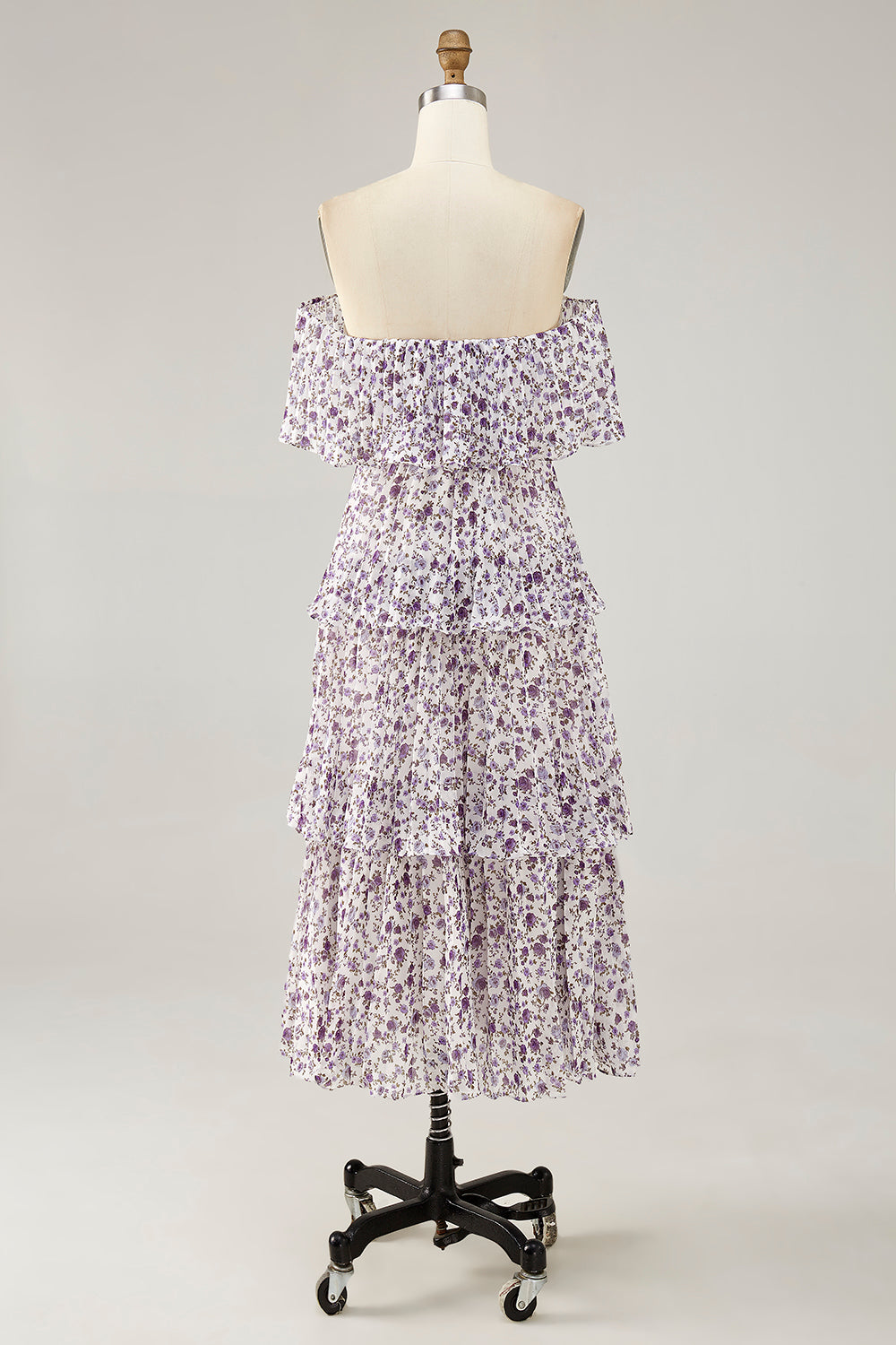 Off The Shoulder Purple Flower Printed A Line Wedding Guest Dress