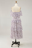 Off The Shoulder Purple Flower Printed A Line Wedding Guest Dress