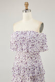 Off The Shoulder Purple Flower Printed A Line Wedding Guest Dress