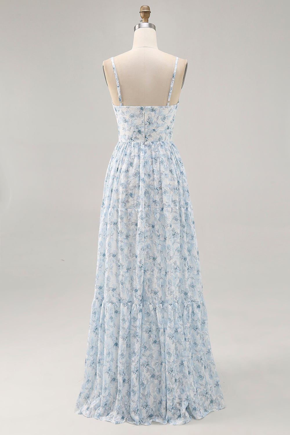 Vestido de invitada de boda con tirantes de espagueti florales estampados azules