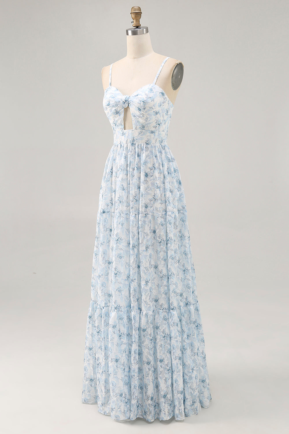 Vestido de invitada de boda con tirantes de espagueti florales estampados azules