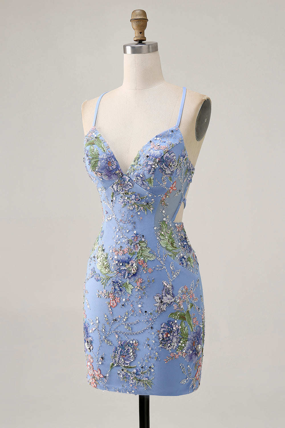 Vestido corto de regreso a casa floral de pavo real con lentejuelas