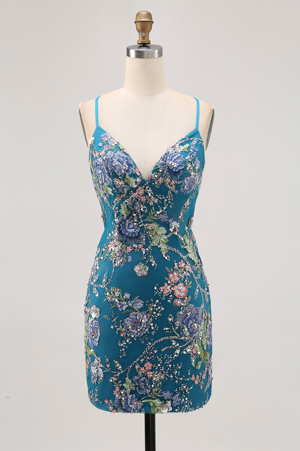 Vestido corto de regreso a casa floral de pavo real con lentejuelas