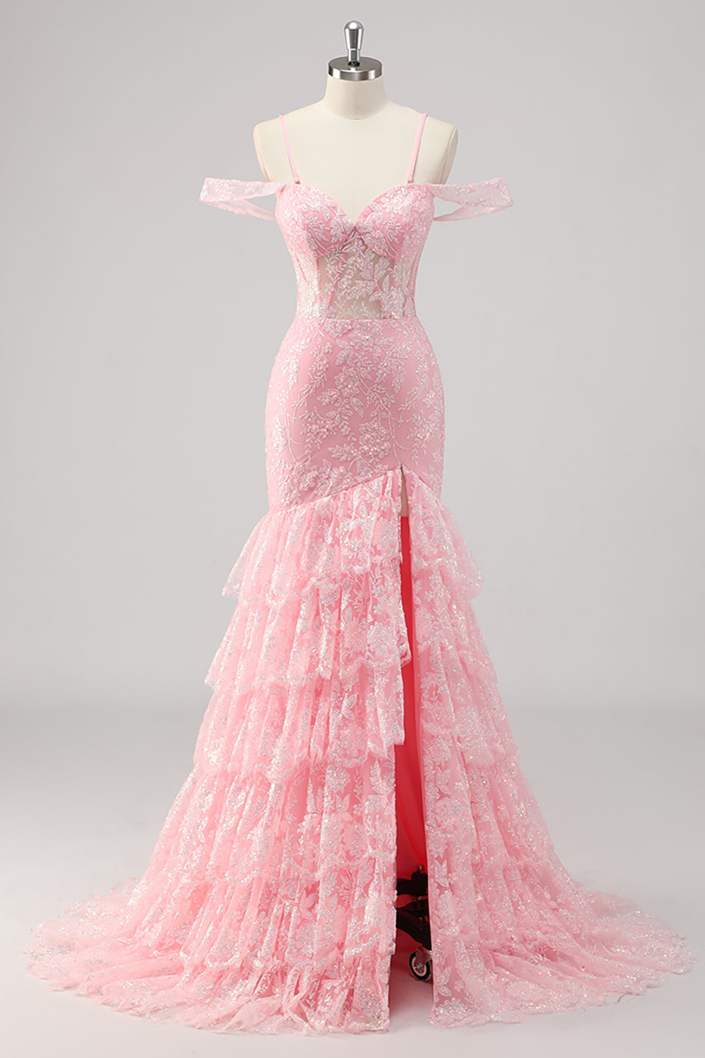 Corsé sirena con hombros fríos con apliques rosas