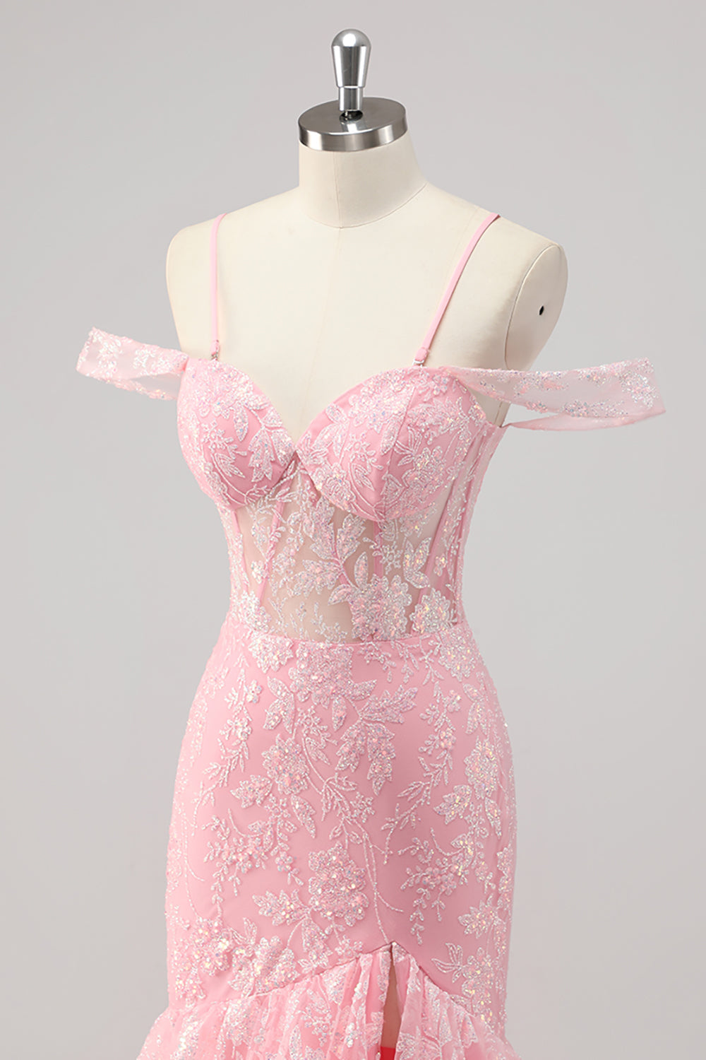 Corsé sirena con hombros fríos con apliques rosas