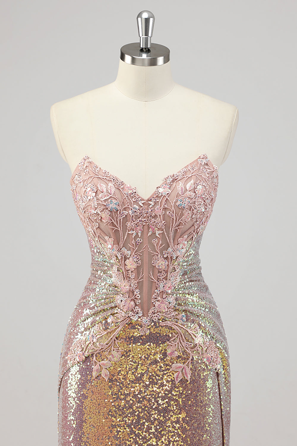 Vestido de fiesta de lentejuelas con corsé de sirena sin tirantes