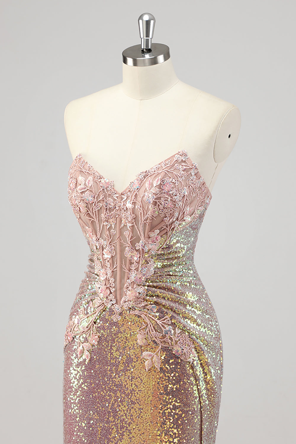 Vestido de fiesta de lentejuelas con corsé de sirena sin tirantes