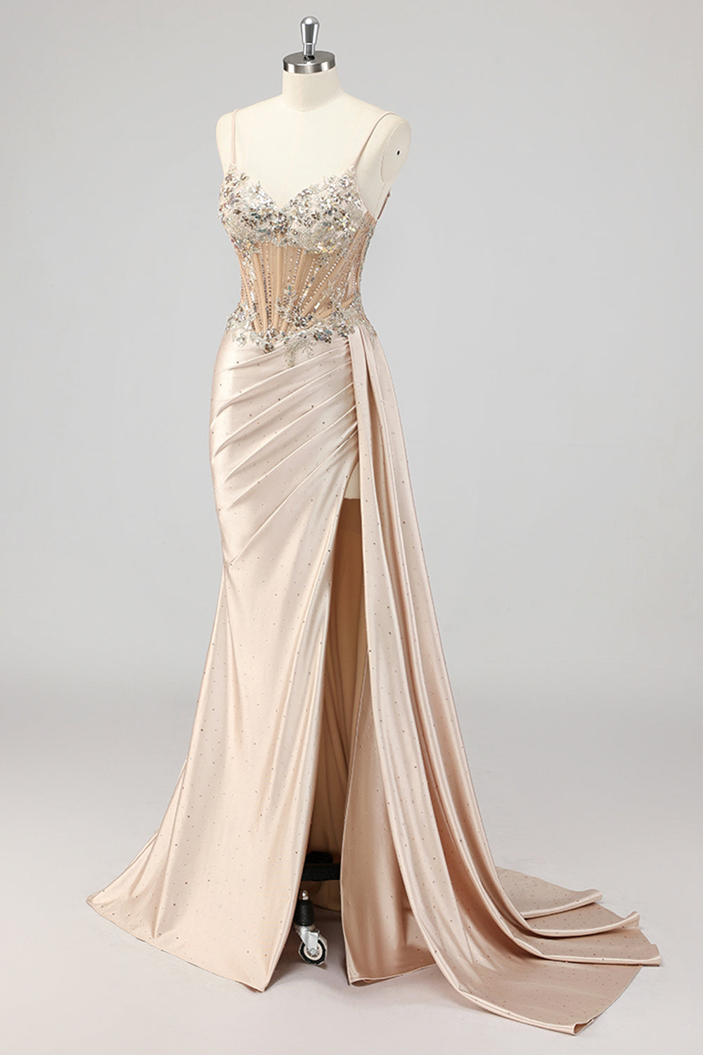 Champán Sirena Lentejuelas Serpentina Lateral Corsé Vestido de Fiesta con Abertura