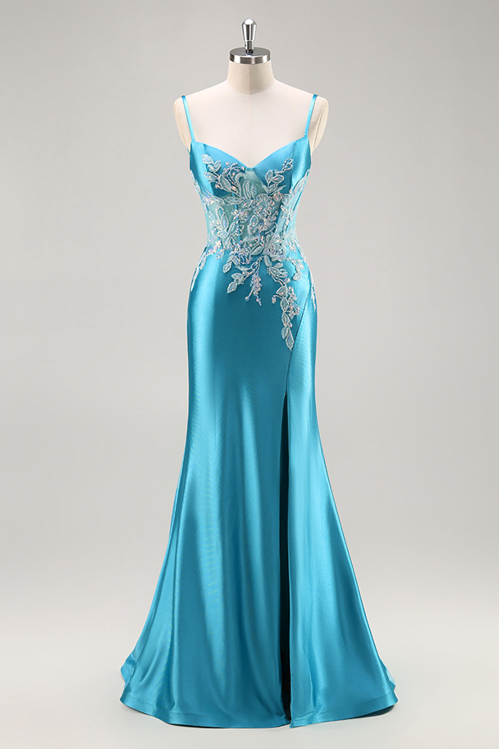 Corsé de satén sirena Vestido de fiesta azul con abalorios