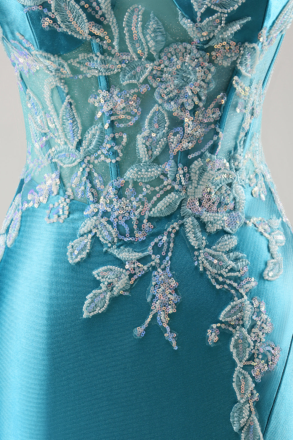 Corsé de satén sirena Vestido de fiesta azul con abalorios