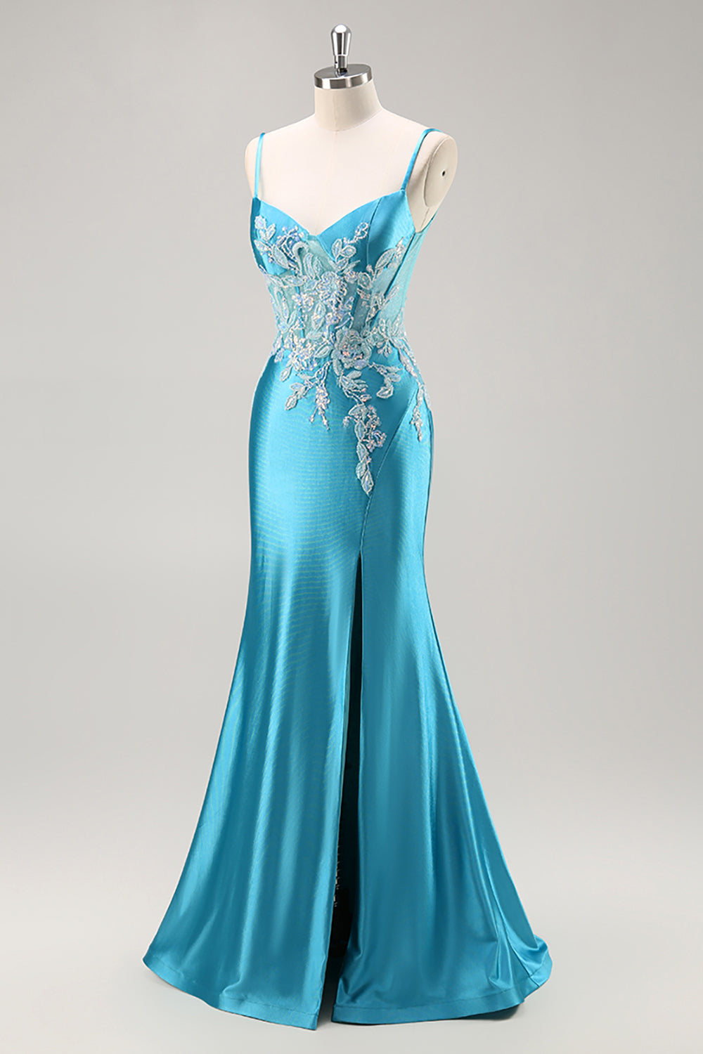 Corsé de satén sirena Vestido de fiesta azul con abalorios