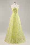 Amarillo Verde Floral Una línea Vestido de Fiesta Largo Cut Out
