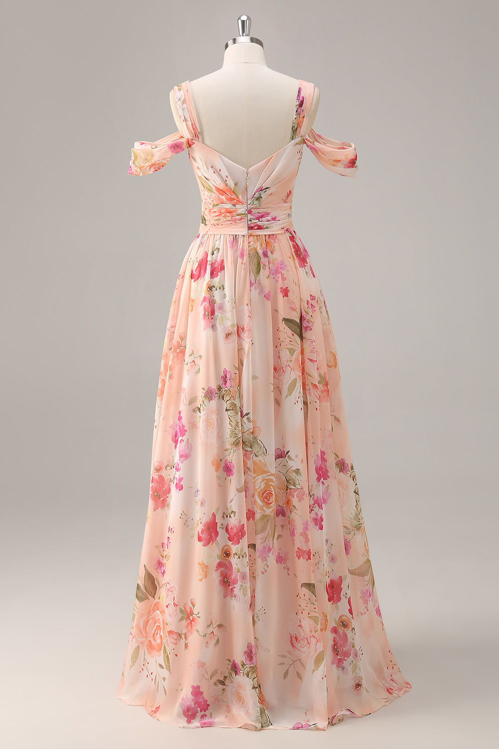 Vestido largo de dama de honor fruncido floral rosa con abertura