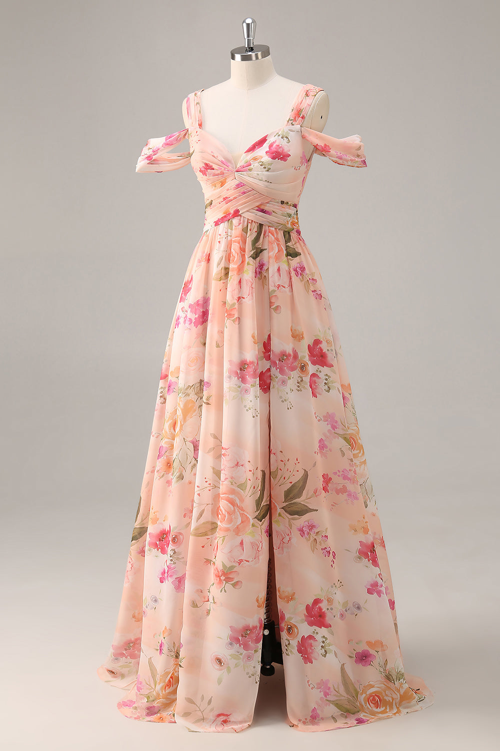 Vestido largo de dama de honor fruncido floral rosa con abertura