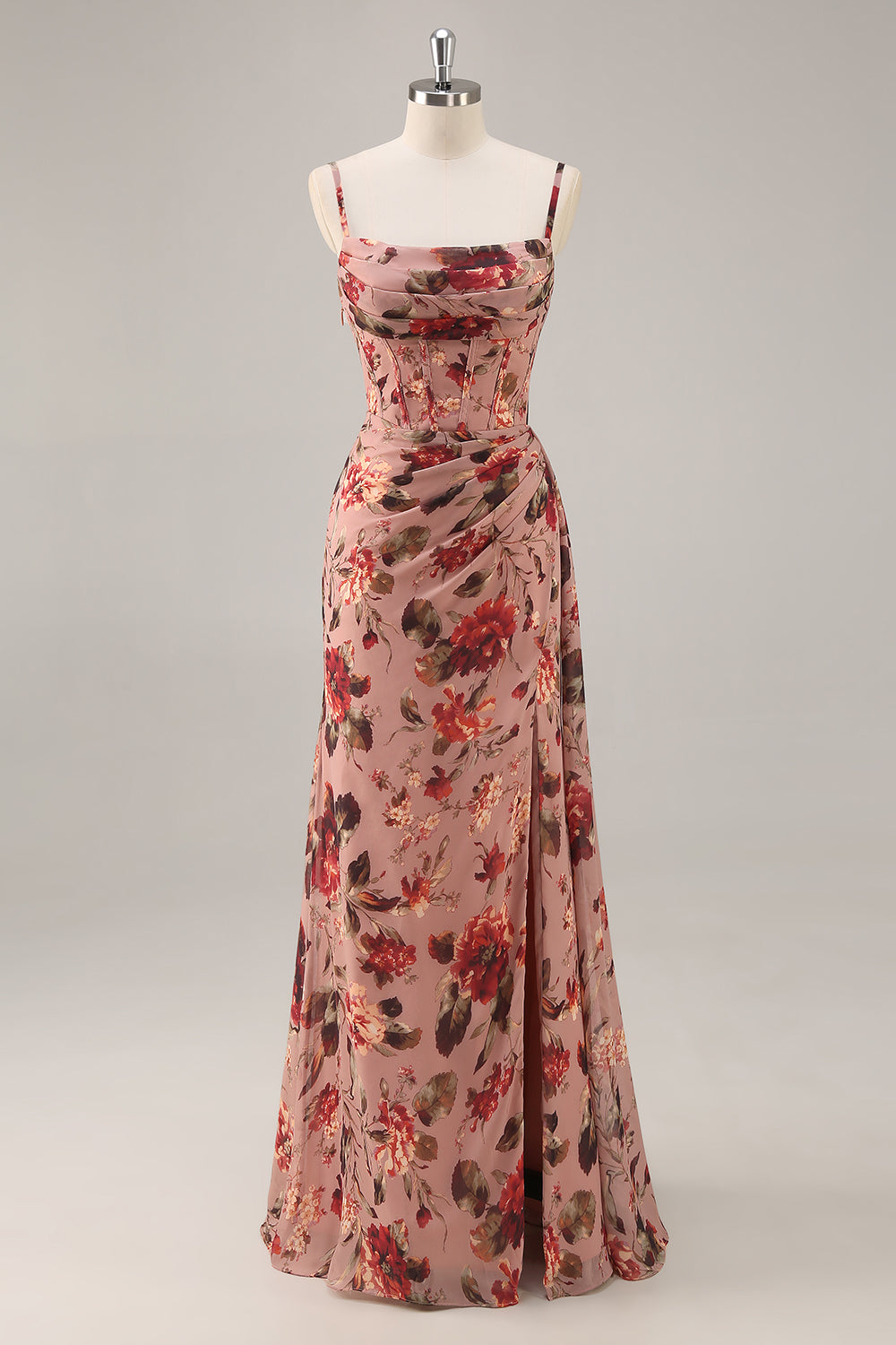 Vestido largo de dama de honor con corsé floral fruncido de rosa empolvado con abertura